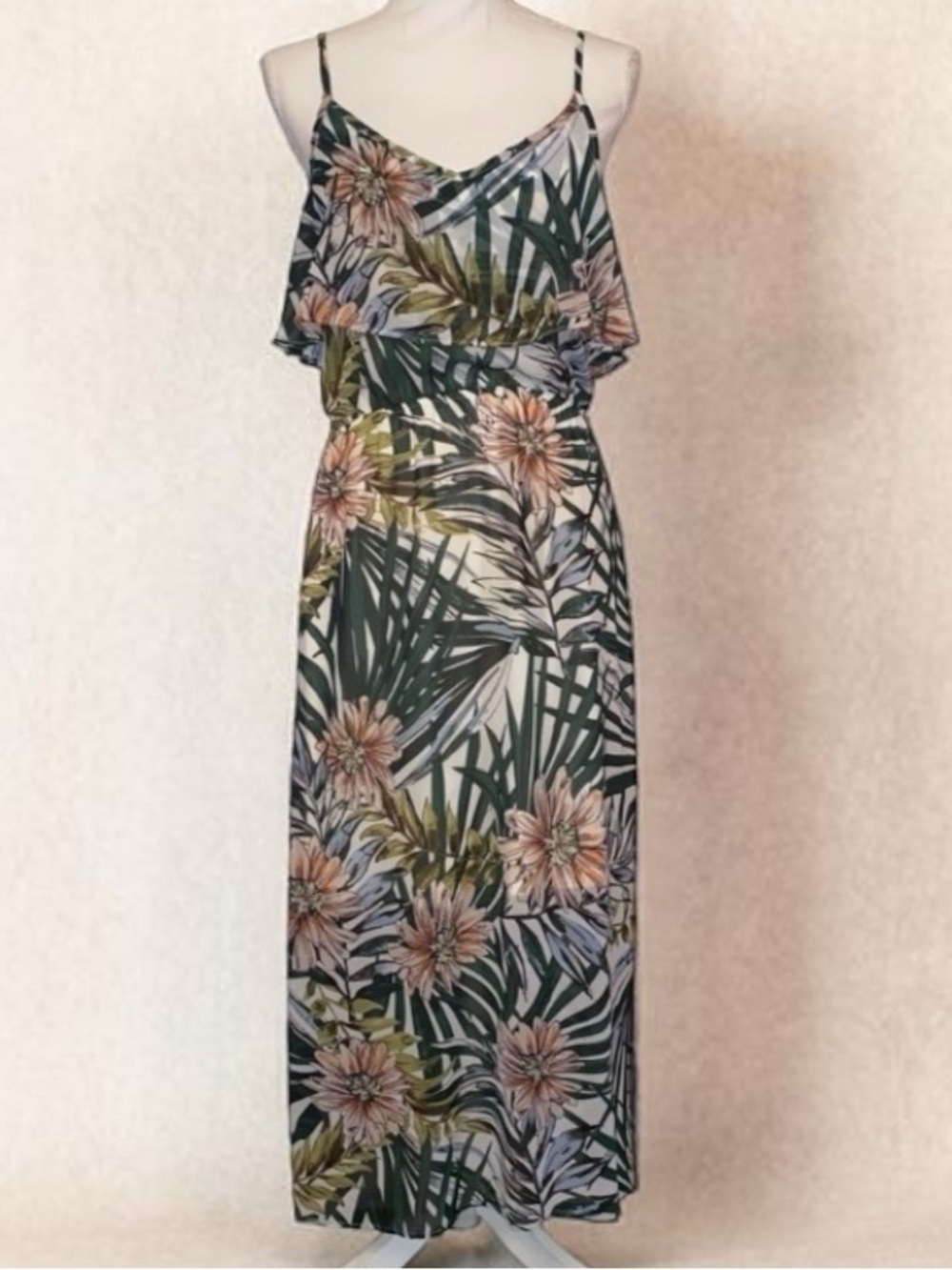 IJOAH Maxi Dress Tropical Floral Pattern, Spaghetti Straps, Ruffles, SZ  M
